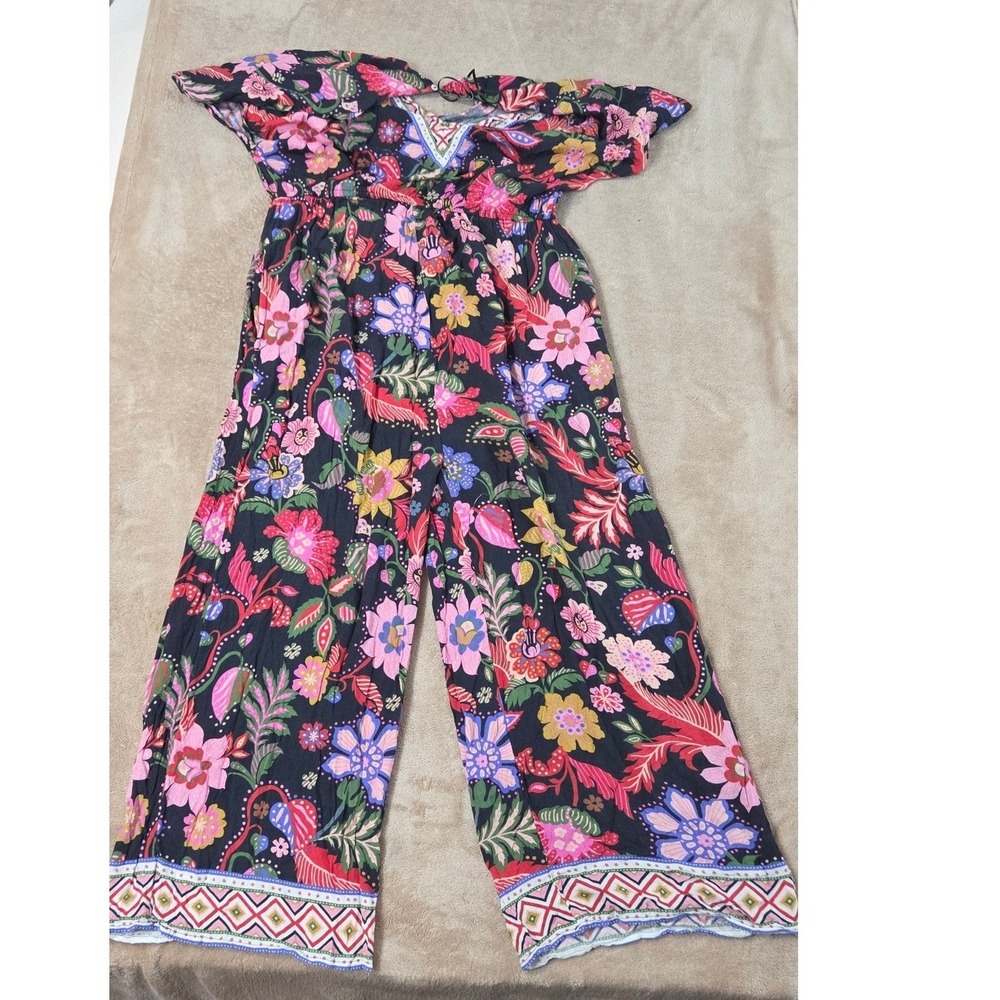 World Market Misha Floral Geo Jumpsuit Pockets Black Pink Boho L/XL